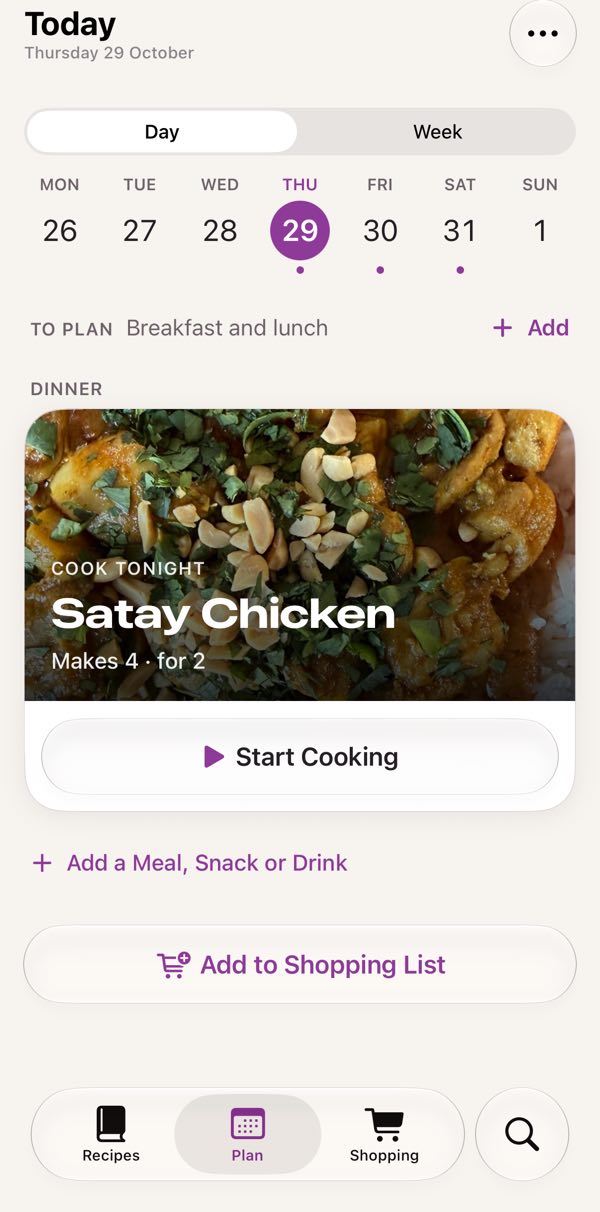 The Plan tab's Today page: the week along the top, and under Dinner a Cook tonight card for Satay Chicken with a Start Cooking button.